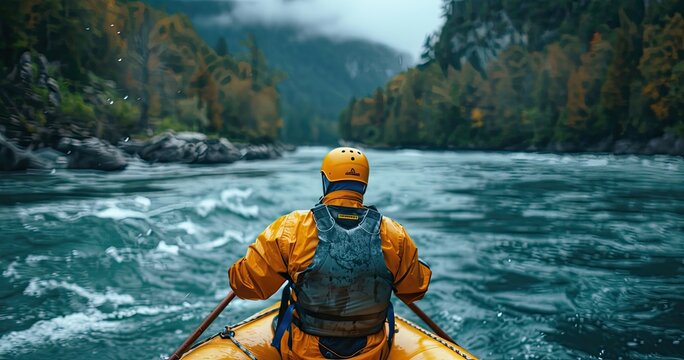 A river guide in water safety gear, navigating a raft, on a rapid river, photorealistik, solid color background