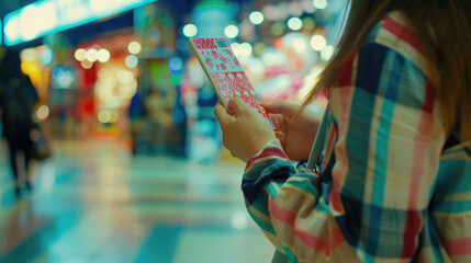 A young woman clutches a handful of prize tickets at a vibrant arcade, surrounded by blurred lights and gaming excitement