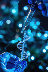A close-up view showing a person in blue gloves holding a DNA model with a pipette, against a backdrop of colorful bokeh lights
