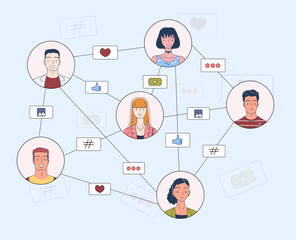 Social networking simple. Men and women communicate in social networks and messengers. Avatars of users with link connections. Doodle flat vector illustration isolated on blue background
