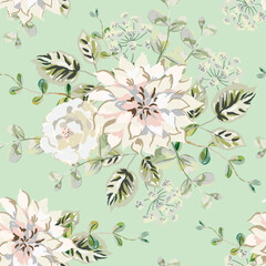 White dahlia, rose, leaves, green background. Floral illustration. Vector seamless pattern. Botanical design. Nature garden plants. Summer bouquets