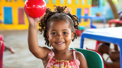 A smiling young girl with hair bobbles raises a red ball in a vibrant classroom setting, conveying joy and innocence