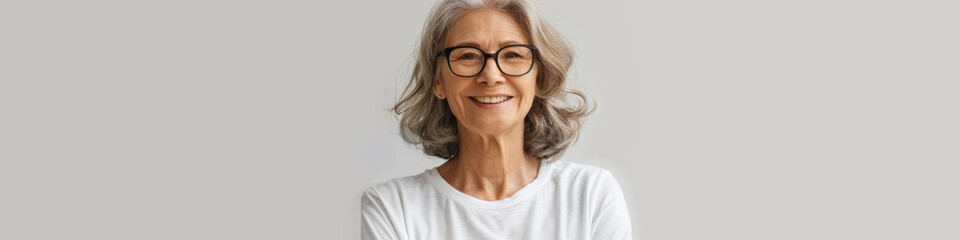 Happy mature woman wearing glasses and a white shirt