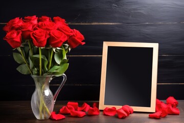 Vibrant red roses in a clear glass vase next to a blackboard frame mockup, perfect for messages or art display. Red Roses in Glass Vase with Blackboard Frame Mockup - Powered by Adobe