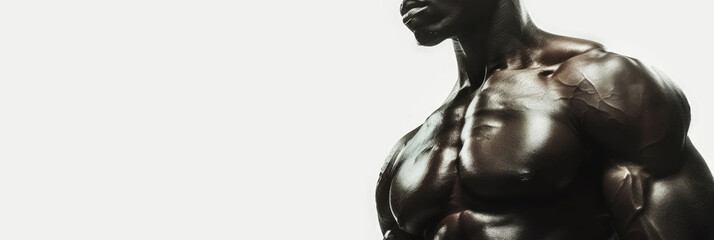 A strong man with defined muscles poses confidently against a white backdrop - obrazy, fototapety, plakaty