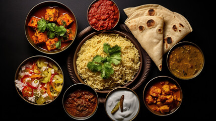 Assorted indian food on black background