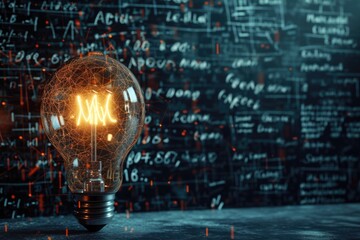 Scientific thought symbolized by glowing lamp amidst formulas.