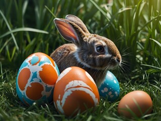Easter bunny and Easter eggs on green grass, realistic ai generative