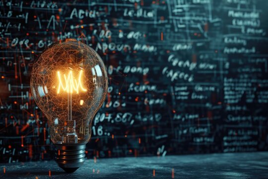 Scientific thought symbolized by glowing lamp amidst formulas.