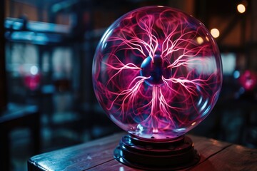 Red  purple  and pink plasma ball with electrical discharge.