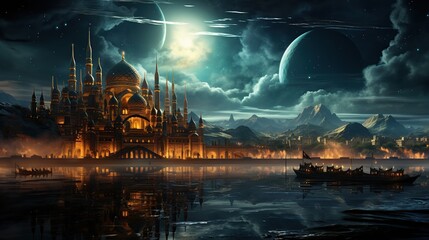 Fantasy landscape with fantasy castles and moon