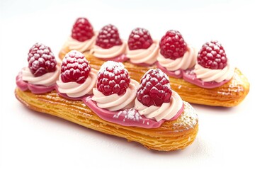 Two éclairs with raspberries and cream on a white background.