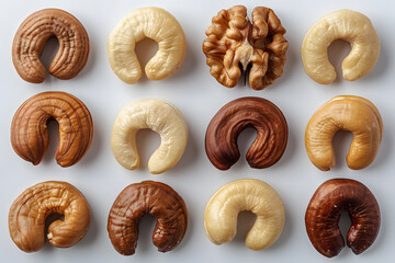 A variety of twelve different types of nuts are beautifully arranged in a row on a white surface,...