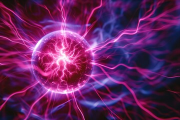 Red  purple  and pink plasma ball with electrical discharge.