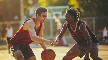 Two men engaged in a lively game of basketball on an outdoor court, dribbling, passing, and shooting hoops - obrazy, fototapety, plakaty