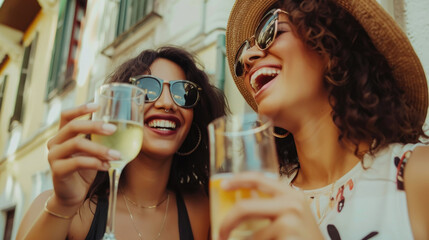 Two women cheer with glasses of wine, sharing a joyous moment together on a vibrant city boulevard