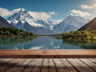 wooden table with beautiful mountain and lake background, ai generative
