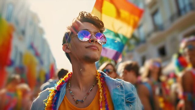 Gay Caucasian man wearing sun glasses at a gay pride event with rainbow flags behind him
