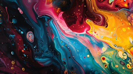 a world of multicolored fluid paint, where the canvas comes alive with a chaotic dance of hues,...