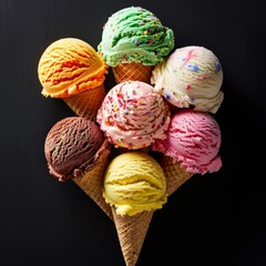 A delectable assortment of colorful ice cream scoops in waffle cones, beautifully presented and ideal for dessert marketing