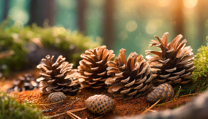 Close-up of tree cones in the forest. Beautiful nature. Spring or summer season. Blurred woods or park