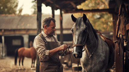 A seasoned blacksmith in a leather apron attentively grooms a dappled grey horse with a hoof pick near a workbench in a serene stable setting. - obrazy, fototapety, plakaty