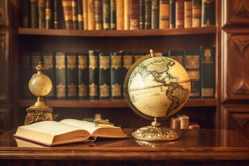 Old geographical globe and map and old book in cabinet. Science, education, travel background. History and geography team. Ancience, antique globe on the background of old map - generative ai - obrazy, fototapety, plakaty