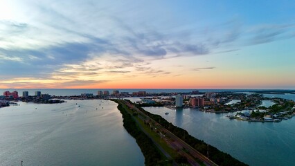 Drone photos sunset drive to Clearwater Beach, Florida