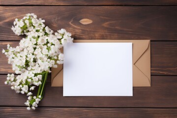 A white envelope accompanied by a bouquet of small white flowers on a rustic wood background. Envelope with White Flowers on Wooden Surface