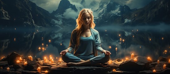 Portrait of a beautiful young woman sitting on the floor and meditating.
