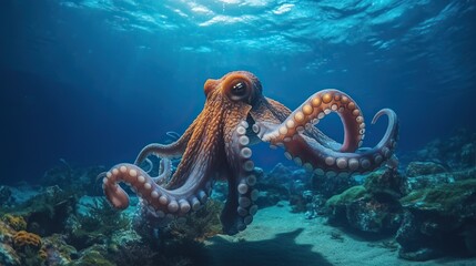 Giant octopus swimming in the clear ocean water - obrazy, fototapety, plakaty