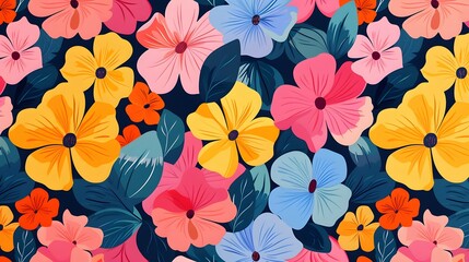 Fototapeta na wymiar Retro vibes bloom in this HD-captured vintage 70s style floral artwork, embodying a groovy and colorful pastel nostalgia. Seamless vector background. 