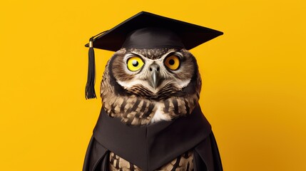 Happy owl wearing a graduation cap on yellow background - obrazy, fototapety, plakaty