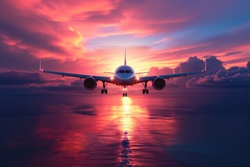 Passenger airplane flying over colorful sunset  landing at dusk.