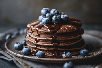 rustic buckwheat pancakes stacked with blueberries and dripping chocolate on a vintage plate - obrazy, fototapety, plakaty