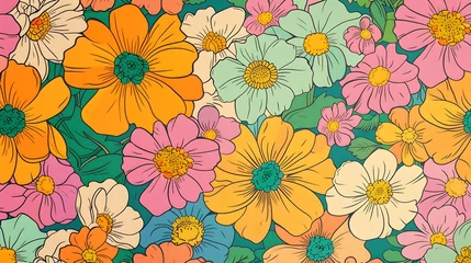 Möbelaufkleber Retro vibes bloom in this HD-captured vintage 70s style floral artwork, embodying a groovy and colorful pastel nostalgia. Seamless vector background.  © Ziyan Yang