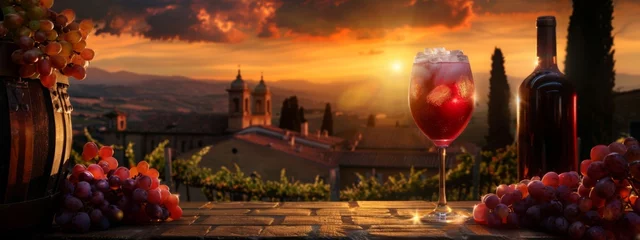 Fotobehang Glass of fresh chilled ice red or rose wine with grapes, bottle and barrel on a sunny background. Italy during a summer sunset. Drink for party, wine shop or wine tasting concept with copy space © JovialFox