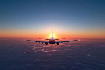 Photo sur Plexiglas Ancien avion The plane against the blue sunset sky. The setting sun. Sunset.