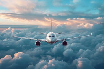Air travel  White plane in sky with clouds