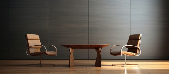 A scene featuring two chairs and a table placed in a room with a wall in the background