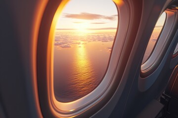 Windows and Seat Inside Airplane flying on sunset sky in the morning over ocean  Inside Plane Nobody
