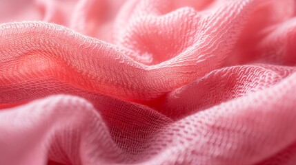 Gentle folds of a soft pink gauzy fabric captured up close, presenting a dreamy and delicate visual suitable for soft backgrounds - obrazy, fototapety, plakaty