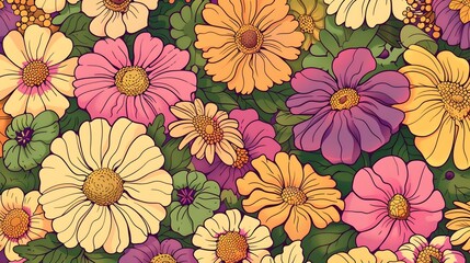 Retro vibes bloom in this HD-captured vintage 70s style floral artwork, embodying a groovy and colorful pastel nostalgia. Seamless vector background. 