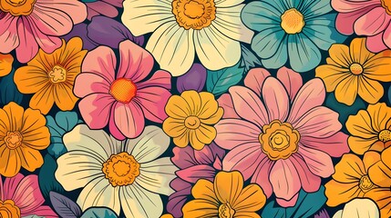 Retro vibes bloom in this HD-captured vintage 70s style floral artwork, embodying a groovy and colorful pastel nostalgia. Seamless vector background.  - obrazy, fototapety, plakaty