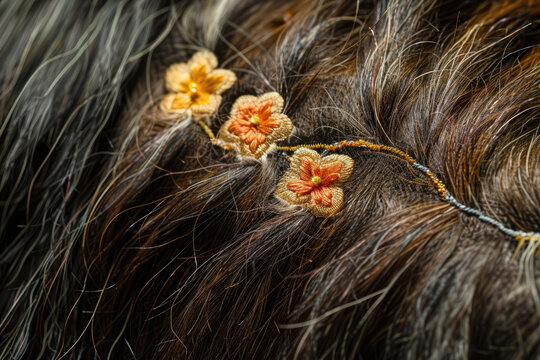 close up of horse mane adorned with handmade orange flower embroidery and yarn braids