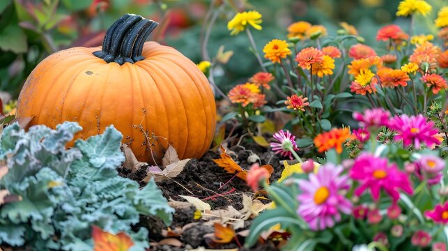 Autumn harvest in the garden: pumpkin fruits and colorful flowers plants