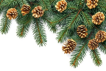 Christmas tree branch with golden cones isolated on white transparent background