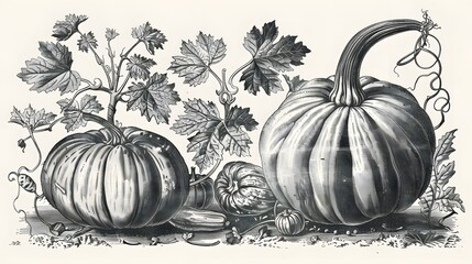 Botany plants antique engraving illustration: Cucurbita pepo (pumpkin)