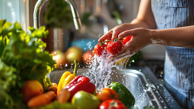 A person rinses bright red tomatoes under a running tap amidst a colorful array of fresh vegetables