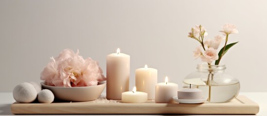 burning candles with, spa stones, and flowers on white table